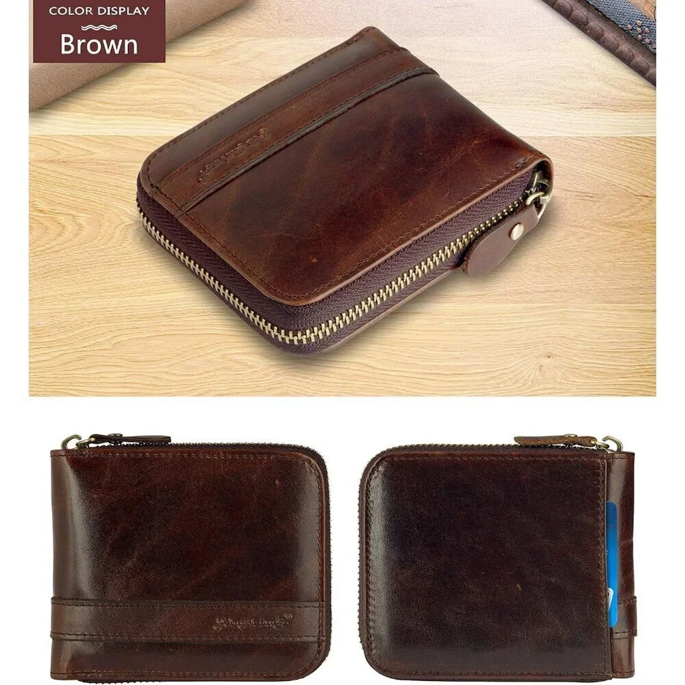 Men's Genuine Leather Brown181 Short Zip Around Pockets Bifold Wallet Card